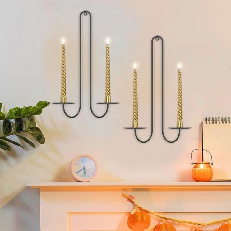 Black Metal Candle Sconces Double Armed Wall Mounted Iron Candle Holders Candlestick for Romance Living Room Decoration