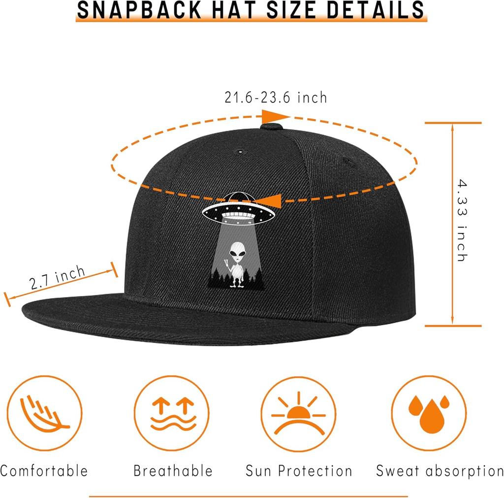 Alien UFO Abduction Graphic Flat Bill Snapback Hat Polyester Baseball Cap for Adults Outdoor