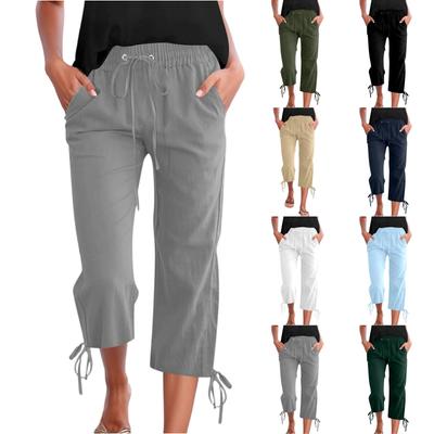 Women's Casual Solid Color Drawstring Cotton Linen Loose Straight Pocket Cropped Pants