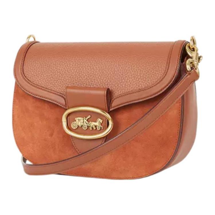 Coach Kat 25 Solid Color Logo Embossed Nameplate Clasp Closure Leather Saddle Bag Women Saddle Bag Brown CJ394-B4L4A