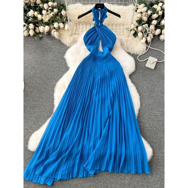Sanya Seaside Holiday Wear Sexy Open Back Scheming Hollow-out Halter Dress Women's Pleated Long Pleated Skirt