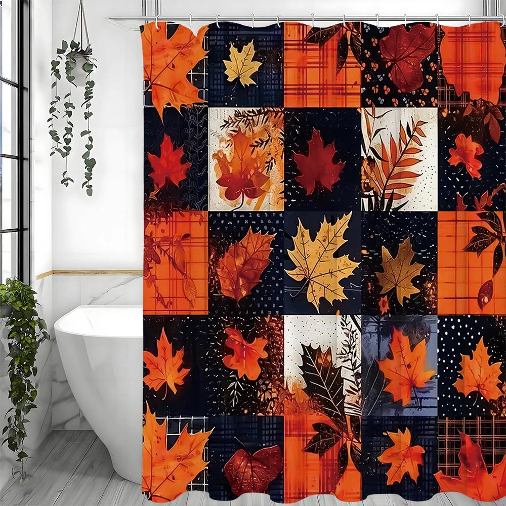 Fall Maple Leaf Western Maple Leaf Pattern Shower Curtain, Bathroom Decorative Shower Curtain, Waterproof Shower Curtain with Ho W90XH180cm