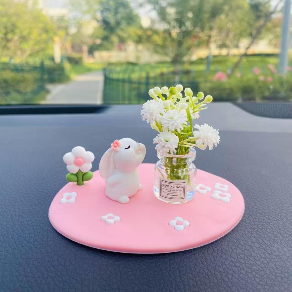Creative Cute Daisy & Four-Leaf Clover Coaster, Decorative Accessory Mini Car/Desktop Ornament, Adorable Rubber Rabbit Vase With Cute Animal Figurine