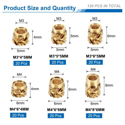 uxcell 120pcs M3 M4 Metric Thread Insert Brass Heat-Set Insert Knob Nut Assortment Kit, 3D Printed Brass Nuts, Thread Insert Nuts