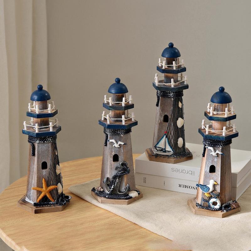 Ornamenti Faro in Legno Stile Mediterraneo Retrò Modello Torre di Guardia in Legno Artigianato da Tavolo Fai da Te Decorazioni per la Casa a Tema Oceanico