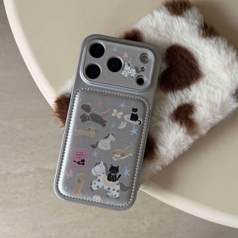 Cartoon Cat Bowknot Horse Design Phone Case IPhone 13 14 15 16 17 Pro Max Soft Leather Back Cover Anti-Scratch Drop Protection