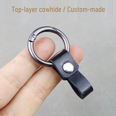 Men's Genuine Leather Car Keychain - Cowhide Creative Finger Ring Buckle with Leather Strap Pendant and Custom Spring Ring.