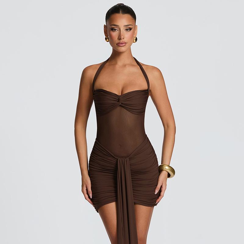 Women Casual Solid Color Mesh Patchwork Twisted Halter Short Bodycon Dress