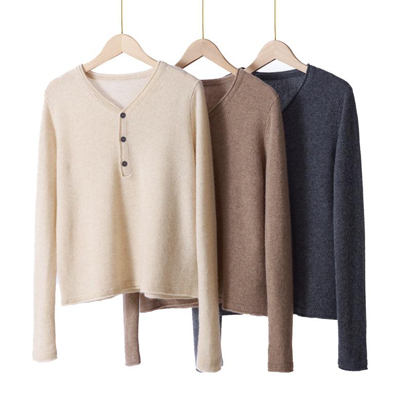 Women's Pure Cashmere Round Neck Loose Fit Sweater with Rolled Edge
