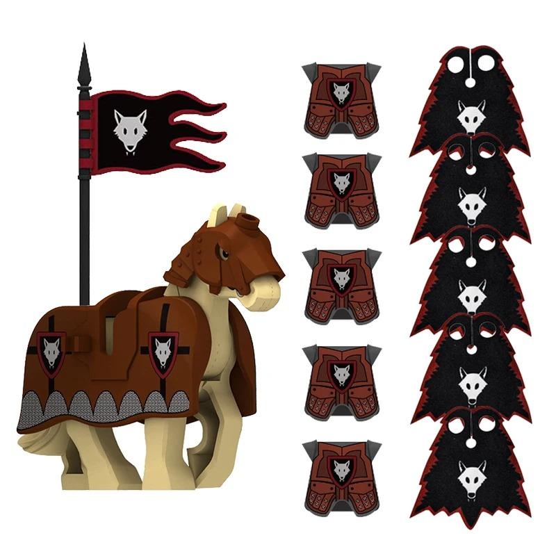 MOC Medieval Red Lion Black Eagle Castle Soldier Knight Horse Mount Building Block Military Figure Vest Armor Flag Toy Gift B036
