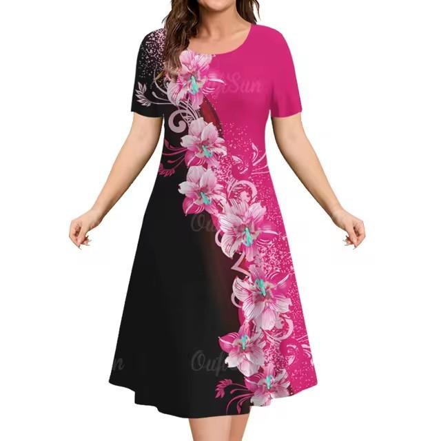 Elegantes Damen-Mode-Midikleid mit kurzen Ärmeln und 3D-Druck, Übergröße, Strandbekleidung
