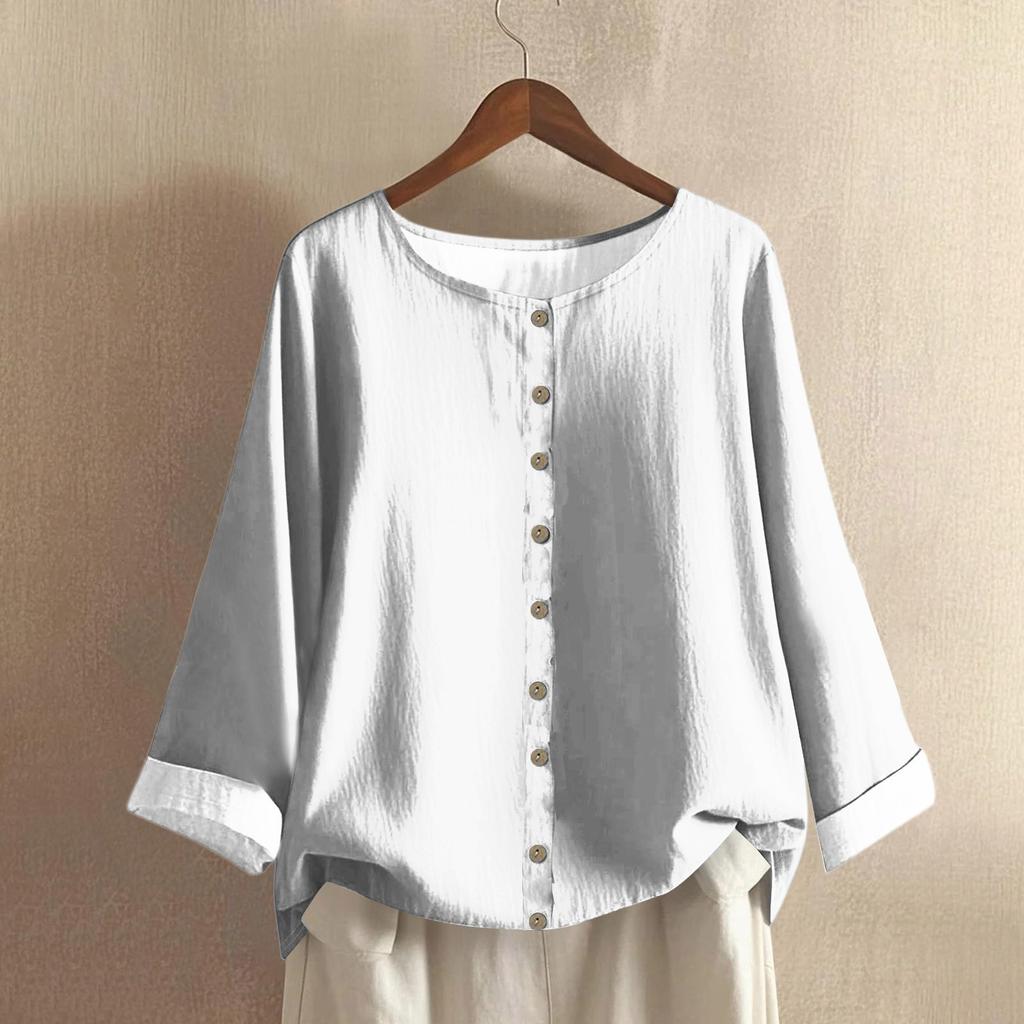 Women's Casual Long-sleeved Round Neck Solid Color Cotton And Linen Top
