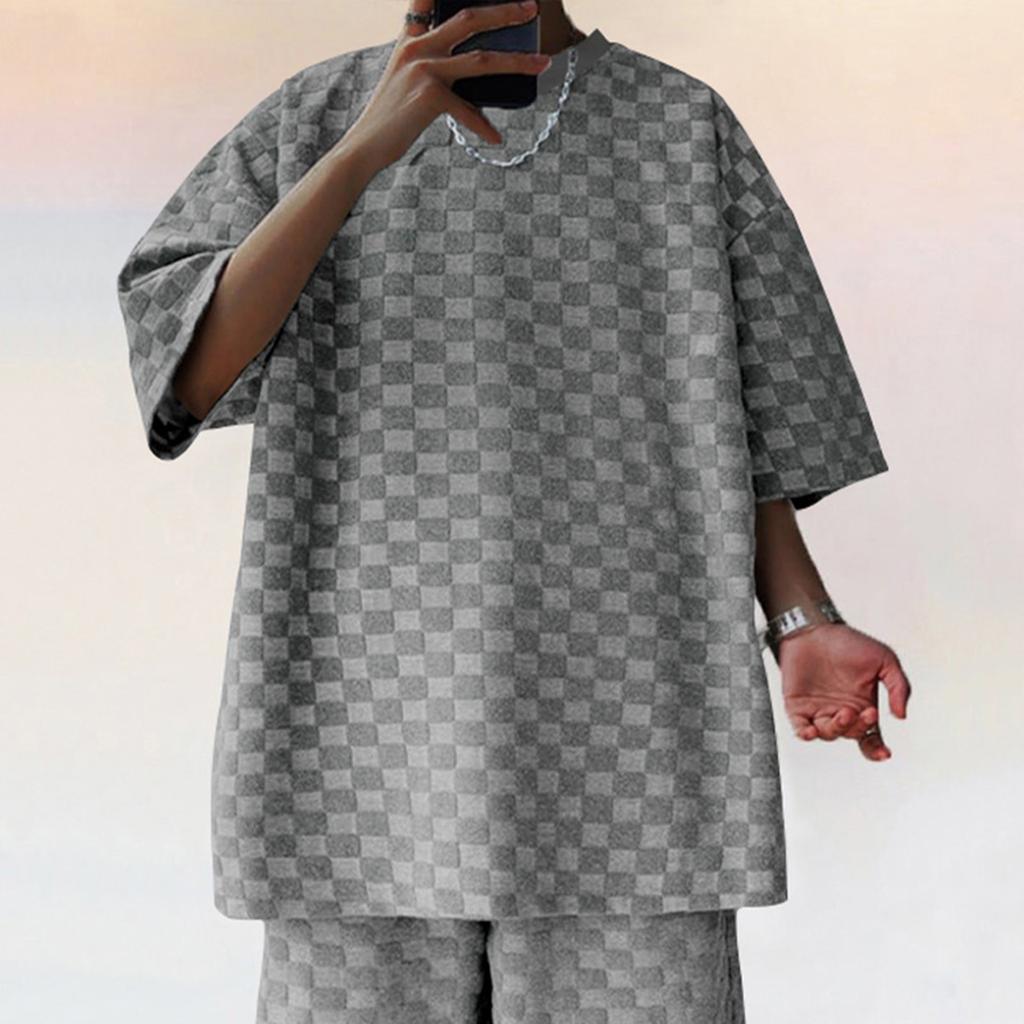 Men's Summer Heavy Checkerboard Men's Short-sleeved T-shirt Loose Drop Shoulder Round Neck Casual T-shirt Men