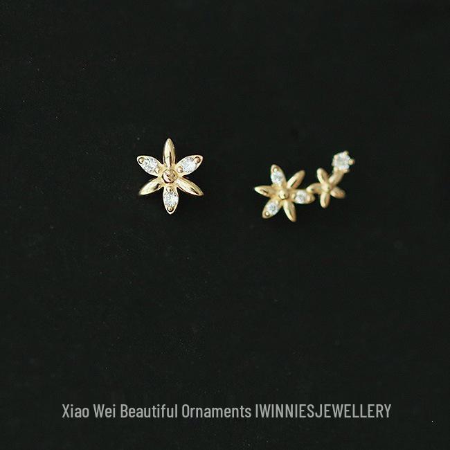 14K Gold Plated S925 Silver Earrings with Cubic Zirconia Floral Asymmetrical Design. Gold Pair (with Silver Earplugs)