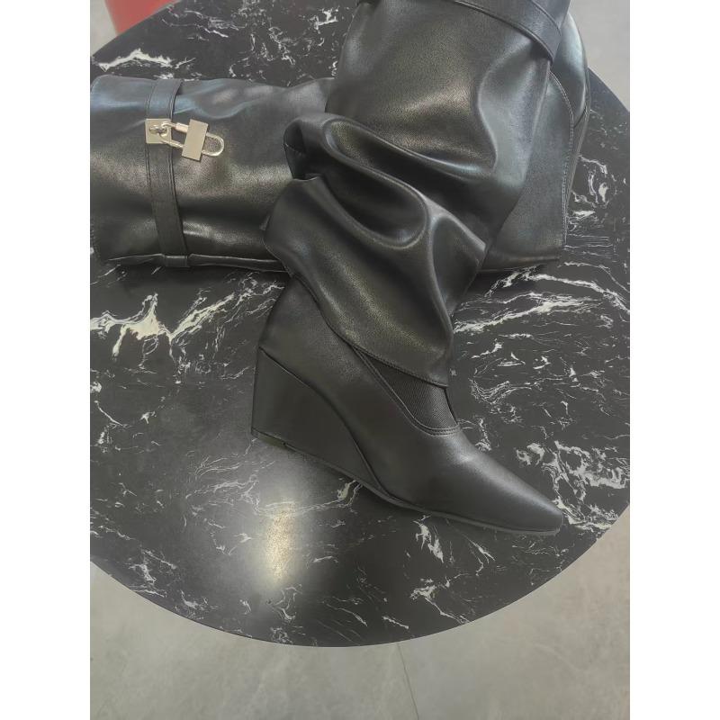 8cm Absatz Keilabsatz Weiches Leder Spitze Kniehohe Stiefel Damen 2026 Herbst Mode Schuhe Street Style Modern Lange Stiefel Damen