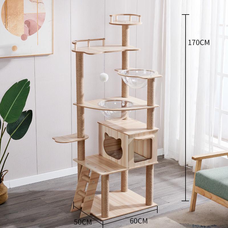Solid Wood Cat Tree with Bed, Scratching Post, and Bubble Perch for Kittens