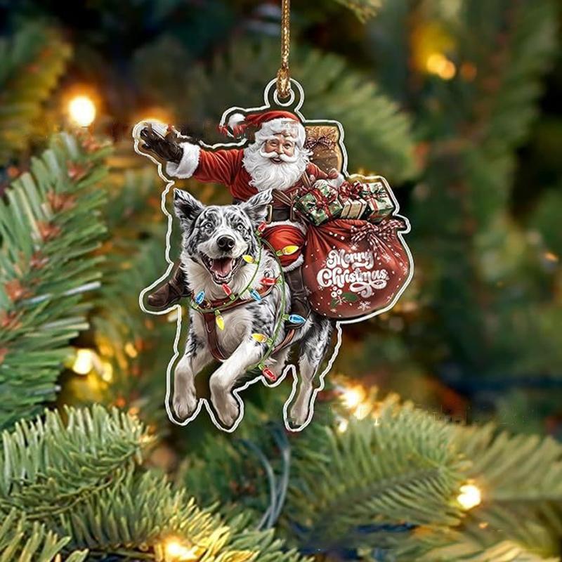 2026 Santa Claus And His Funny Dog Ornament 2D Flat Acrylic Pendant Christmas Decoration For Home Xmas Tree  Year Kerst