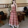 Sukienka bez rękawów w czerwoną kratę damska Midi Harajuku Hotsweet letnia koronkowa sukienka Spaghetti dla pań sukienka retro z wysokim stanem