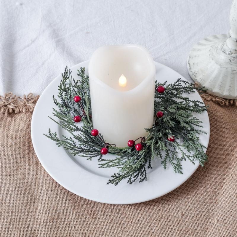 Festive 20cm Artificial Green Wreath Elegant Candlestick Decoration Realistc Pine Decor for Wedding Party Centerpiece