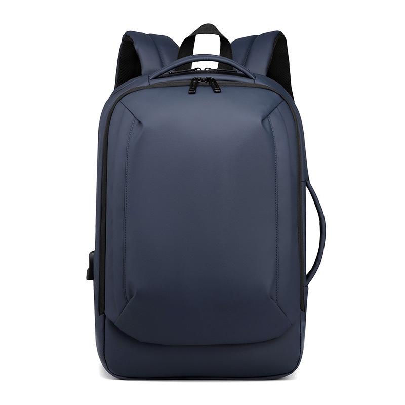 

New business computer bag, simple and fashionable anti-splashing charging interface, backpack, leather film, large-capacity backpack. синий