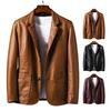 Suit Coat Faux Leather Turn-down Collar Cardigan Solid Color Men Formal Jacket for Meeting