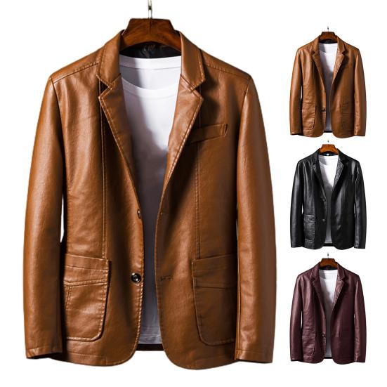 Suit Coat Faux Leather Turn-down Collar Cardigan Solid Color Men Formal Jacket for Meeting