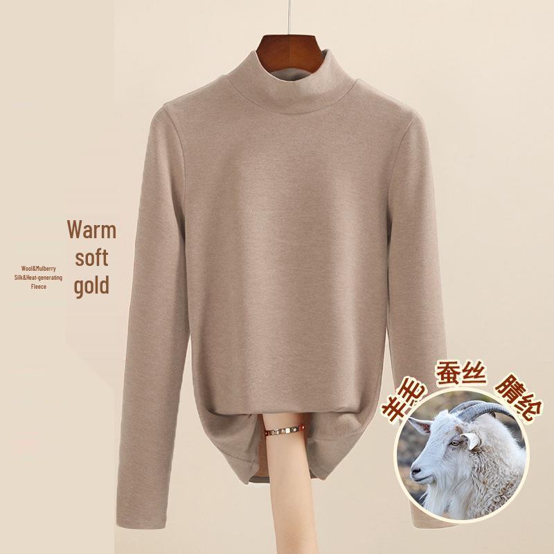 Women's Mulberry Silk Wool Fleece-Lined Warm Base Layer, Mid-High Neck, Autumn/Winter 2025 Collection