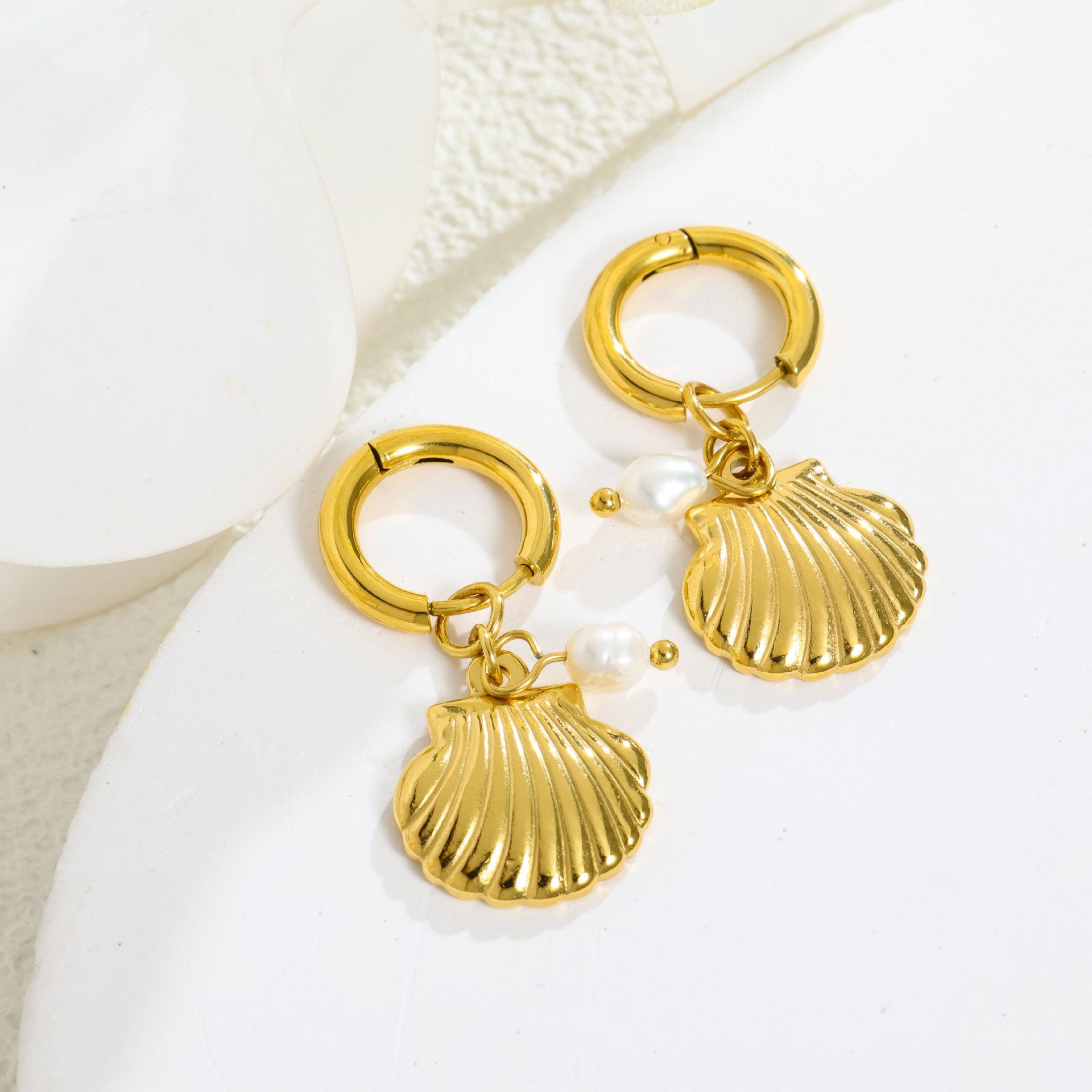 

Fashion popular marine series pearl accessories titanium steel earrings holiday style temperament personality versatile multi-style