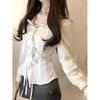 White Lace Up Waist Embroidered Blouse Long Sleeve Shirt Elegant Casual Top For Women