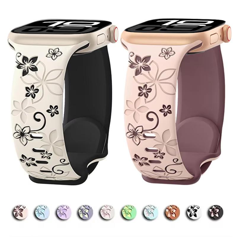 3D Floral Engraved Silicone Sport Strap Band For Apple Watch Ultra 2 49mm S10 11 42 46mm 44 45 41 38 40mm iWatch SE 9 8 7 6 5 3