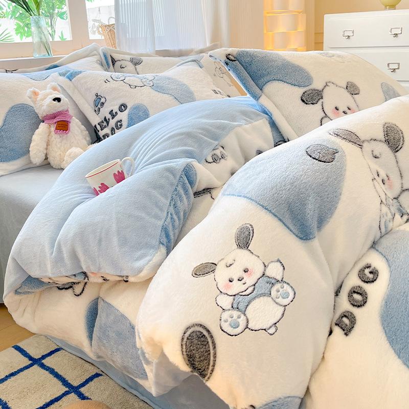 Warm Snowflake Fleece Four-piece Set, Double-sided Fleece Thickened Milk Fleece Bed Sheet Three-piece Set