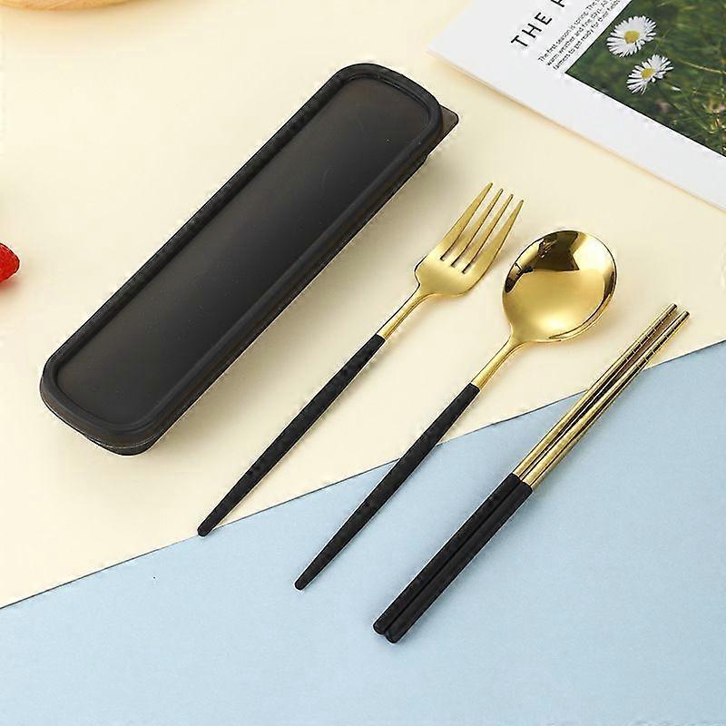Black and Three-piece Set (black Box) Single Stainless Steel Portable Cutlery Set Chopsticks Three-piece Set Fork Spoon Chopstick Box Student Storage
