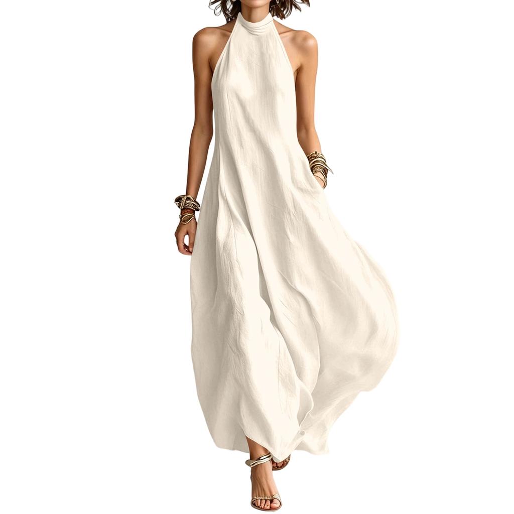 Bohemian Neckholder Maxikleid Lockere Passform Schulterfrei Ärmellos Langes Kleid Sommer Strandmode Lässiger Boho-Stil