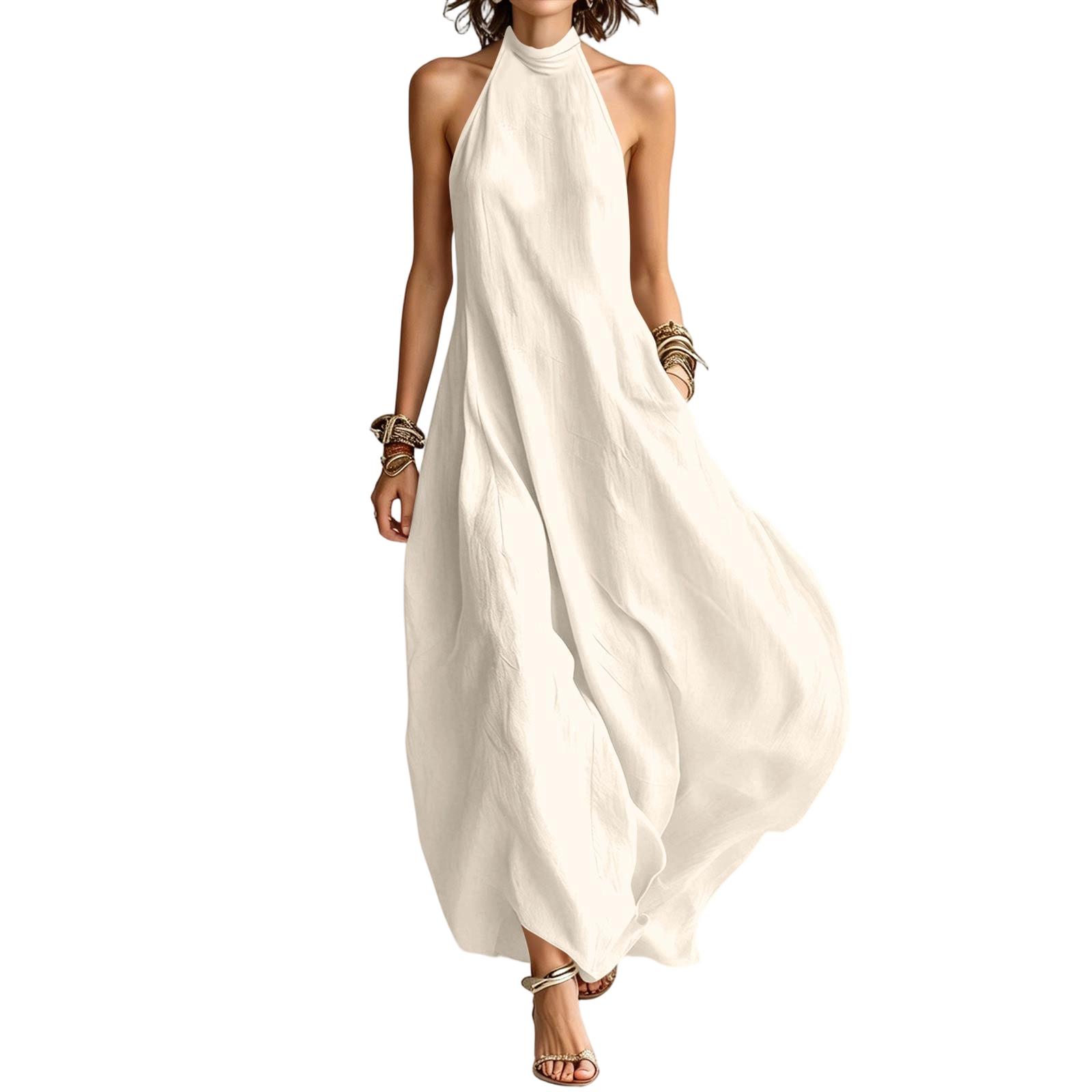 

Bohemian Halter Neck Maxi Dress Loose Fit Off Shoulder Sleeveless Long Dress Summer Beachwear Casual Boho Style XXL білий
