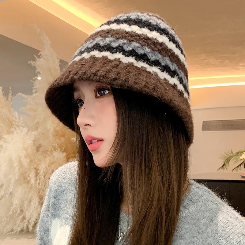 Autumn and winter hat women's versatile color matching knitted bucket hat ear protection warm wool hat showing washbasin hat