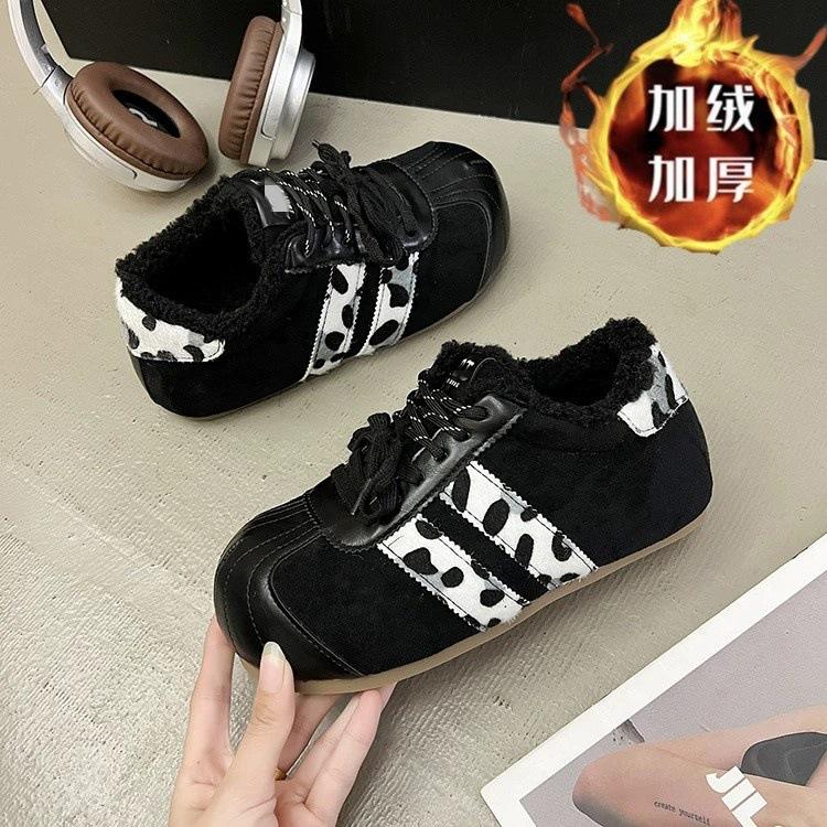 Leopard Print Velvet German Training Big Head Bread Shoes  Winter New Warm, Non-slip and High Casual Lace-up Cotton Shoes