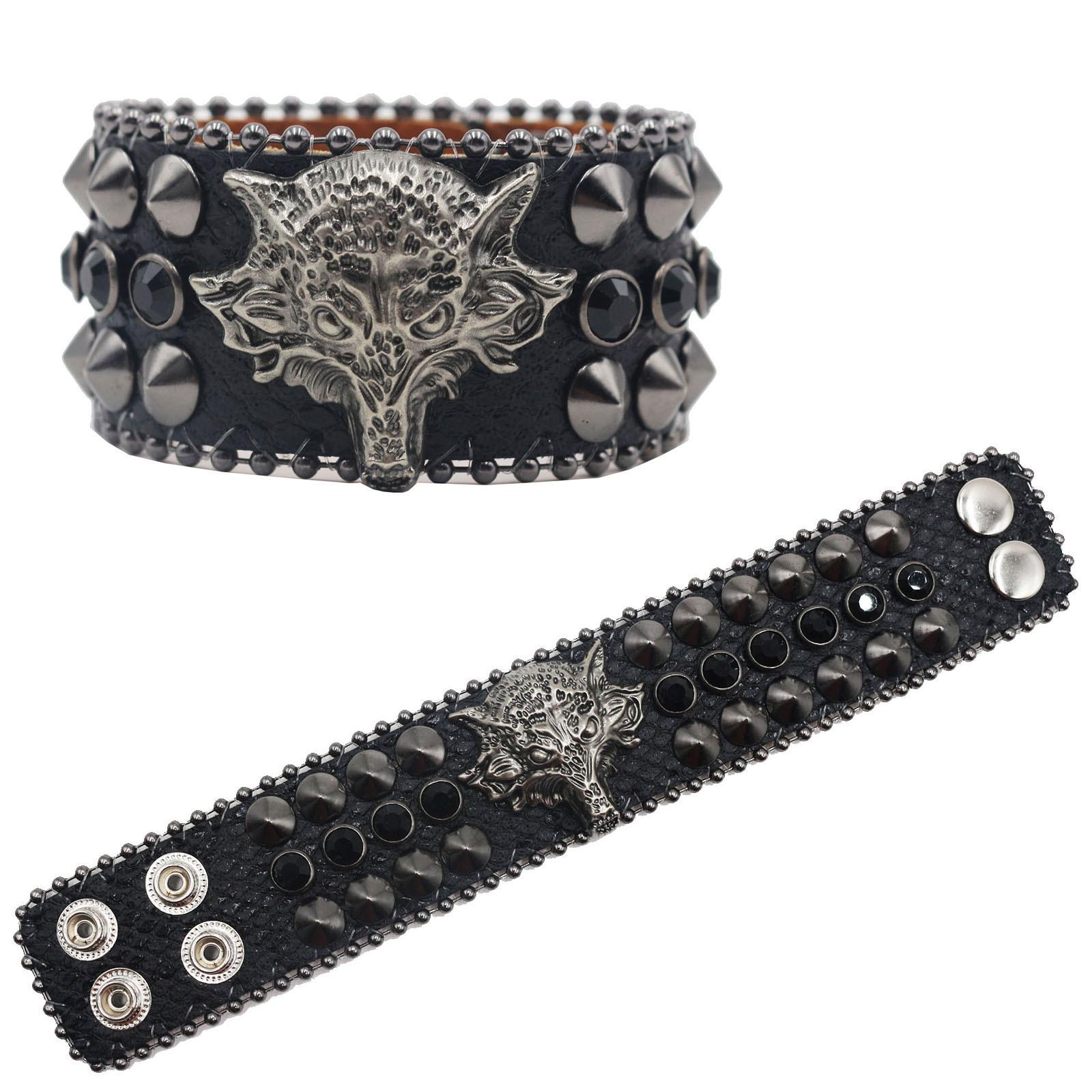 

Американский браслет с заклепками из стразов, декоративный панк-готический браслет с головой волка, персонализированные украшения