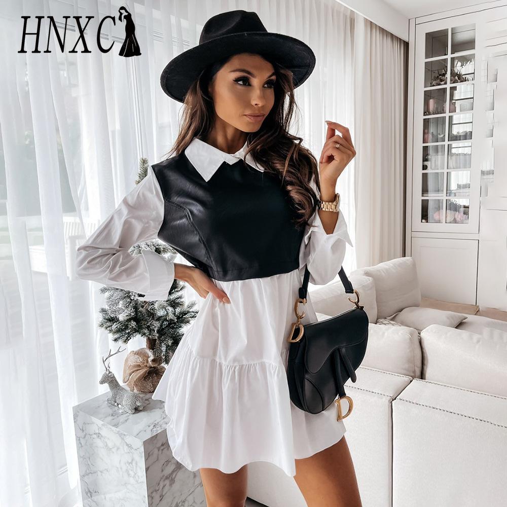 HNXC Rochie de piele pentru femei la modă, patchwork carouri, mini rochie de petrecere casual, fustă de primăvară cu volane
