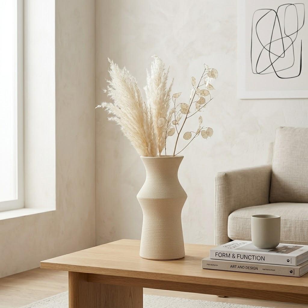 Modern Minimalist Ceramic Vase – Textured Sandstone Hourglass Flower Vase for Home Decor, 9.05  Height грязно-белый