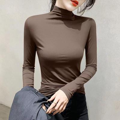 Camiseta de Otoño/Invierno para Mujer de Corte Ajustado: Capa Base Cálida de Color Puro de Manga Larga y Cuello Alto