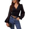 Chiffon Lantern Sleeve Splicing Pleated Waisted V-Neck Long Sleeve T-Shirt Slim Top Women Versatile Closet Essential Fashion Items Shirt