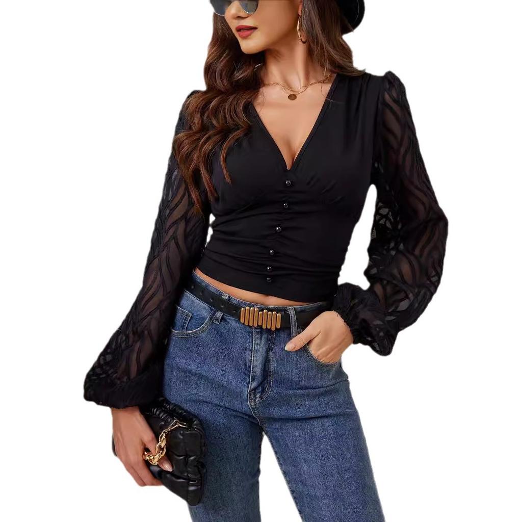 Chiffon Lantern Sleeve Splicing Pleated Waisted V-Neck Long Sleeve T-Shirt Slim Top Women Versatile Closet Essential Fashion Items Shirt