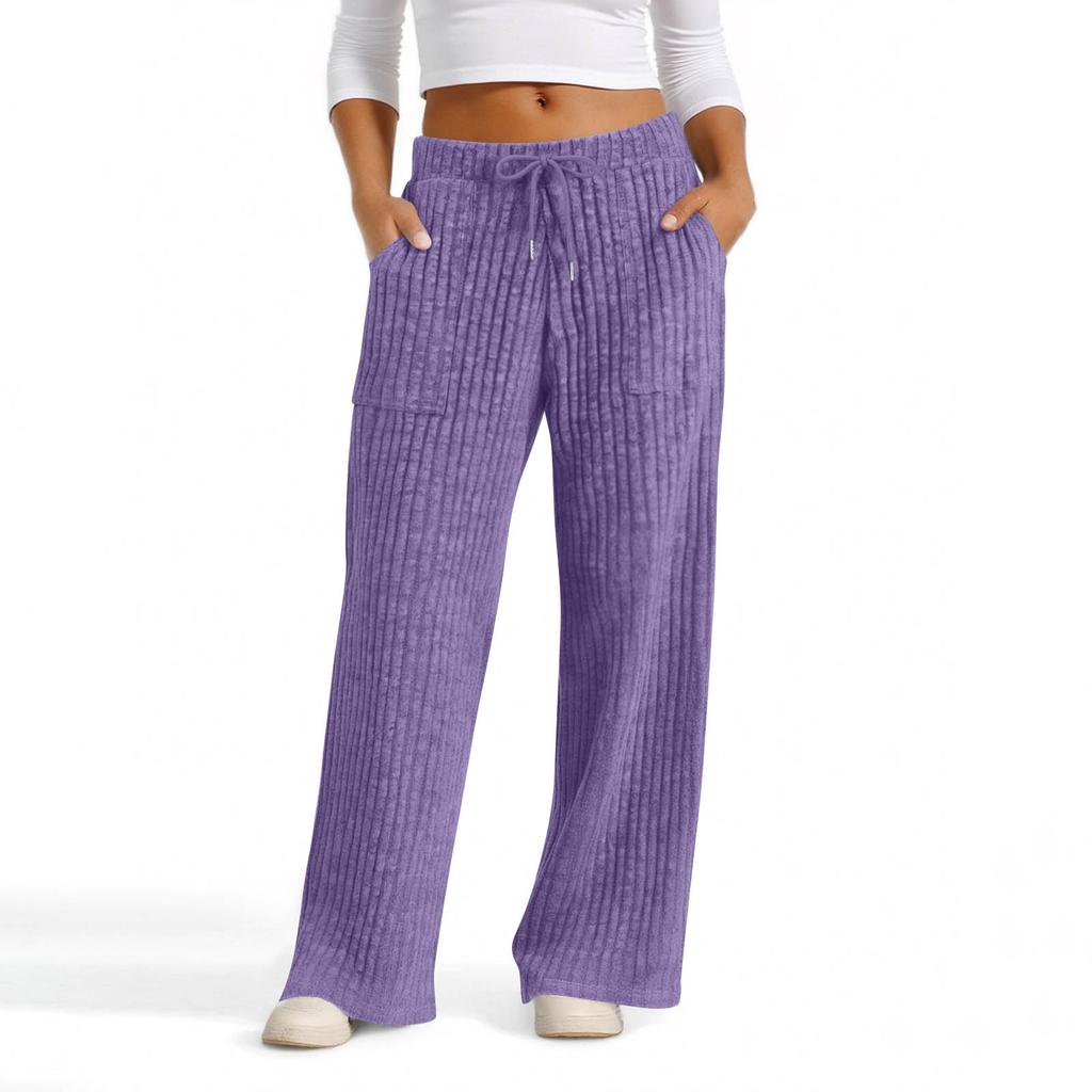 Women's Wide Leg Lounge Pants with Drawstring Waist, Soft Ribbed Knit Casual Relaxed Fit Trousers with Pockets