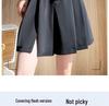 2024 New Black High-Waisted Pleated Wide-Leg Shorts - Slimming, Casual, Slit Design