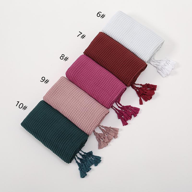 Crinkle Pleated Cotton Hijabs With Tassels Muslim Long Shawls Soft Headscarf Wraps Foulard Islam Turban Headband Solid Bandana