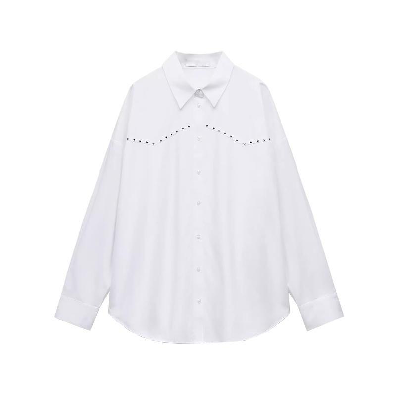 Spring New Women Clothes French Style Rivet Decoration Punk Loose Poplin Long Sleeve Lapel Shirts 3564172