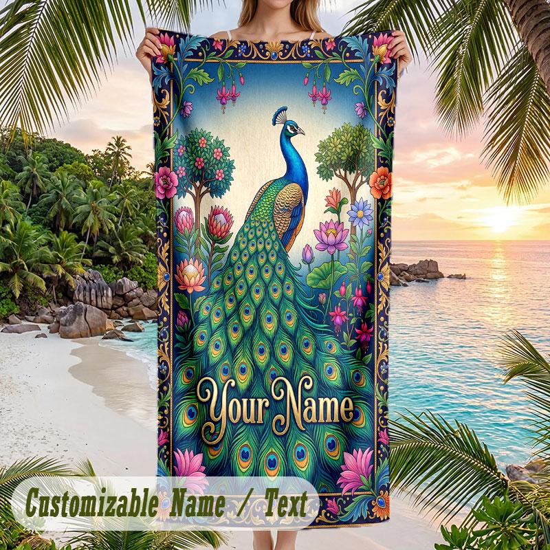 Peacock Floral Artwork Theme Quick Dry Beach Towel Custom Name Text Print Large Sand Resistant Towel Beach Vacation