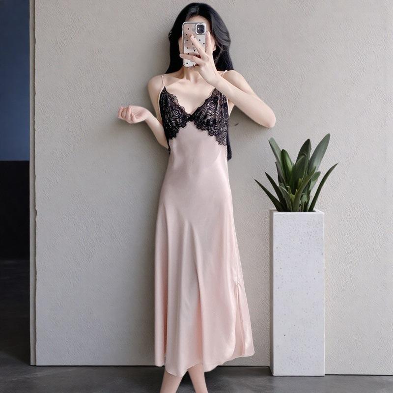 Ice and snow silk long dress women's summer sexy pajamas long suspender nightdress ice lace backless loungewear with chest pad