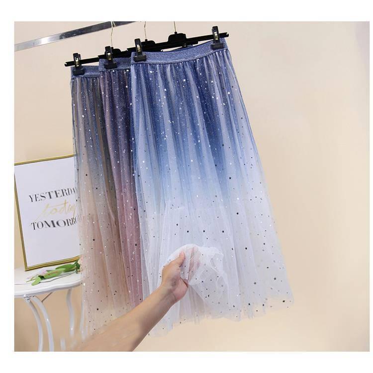 Spring Summer Skirts Women Long Tulle Skirt Sequined Pleated A Line Midi Skirt Chic High Waist Skirt