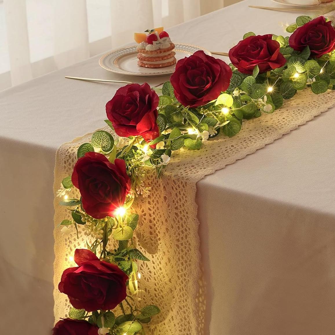 

6.5ft Artificial Eucalyptus Garland with Roses and Gypsophila - Fake Greenery Garland for Weddings, Bridal Showers, Birthdays, Anniversaries 1pc бордовий